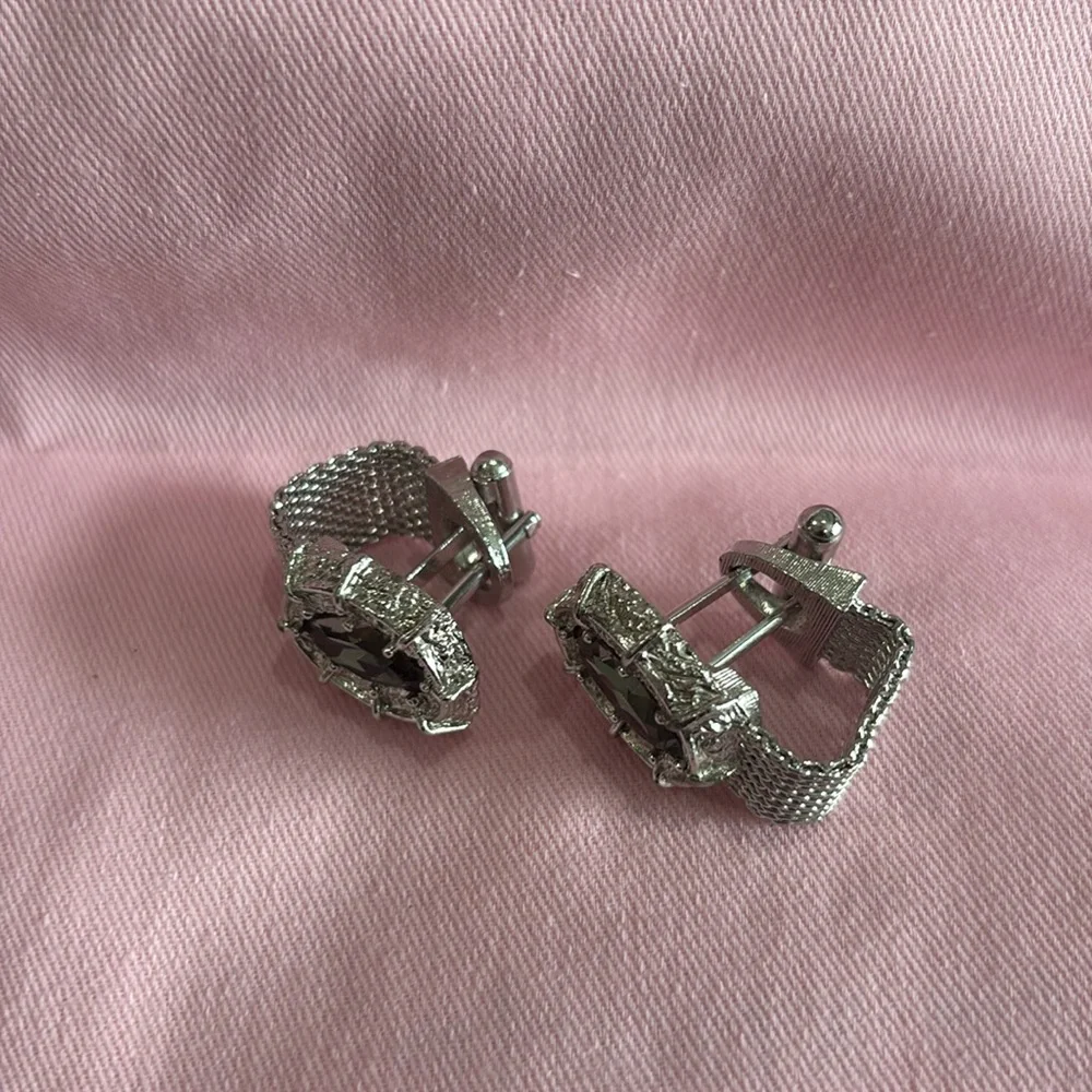 Vintage Art Deco Style Smoky Topaz Silver Tone Pretty Glass Cufflinks